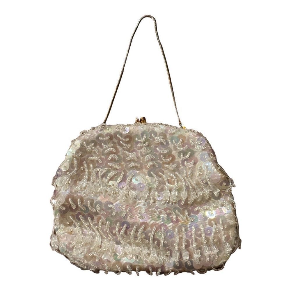 Vintage white purse, small beaded hand made, 80s vintage, wedding